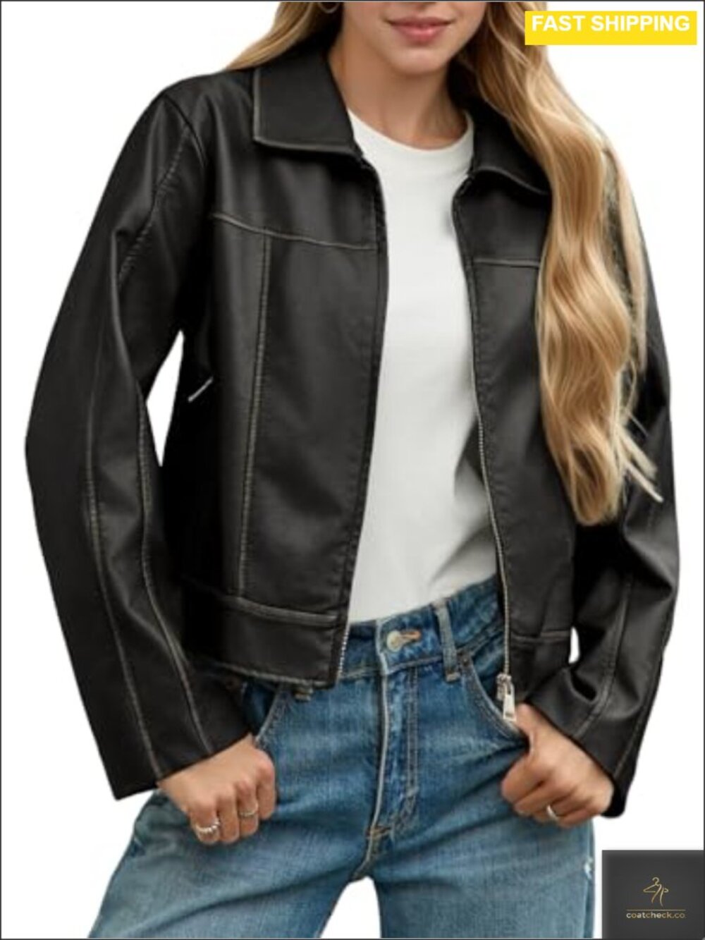 Womens Faux Leather Jacket Zip Up Moto Biker Cropped Coat